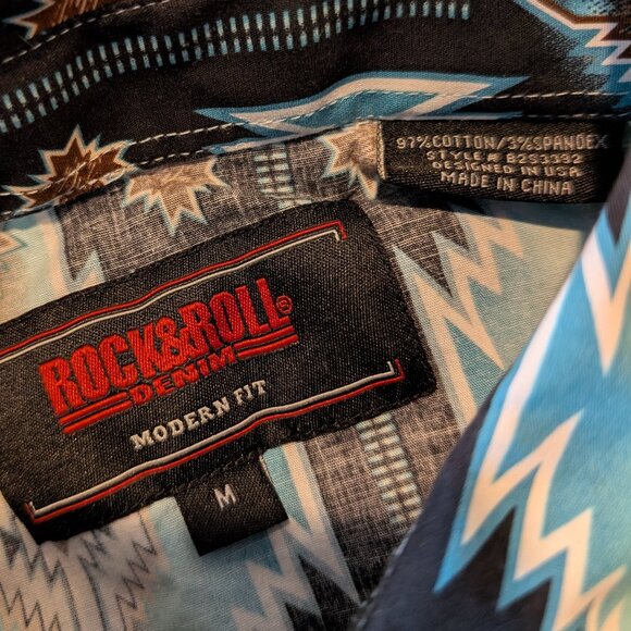 Rock & Roll Denim Shirt Mens Medium Blue Aztec Western Pearl Snap Modern Fit - Picture 6 of 8